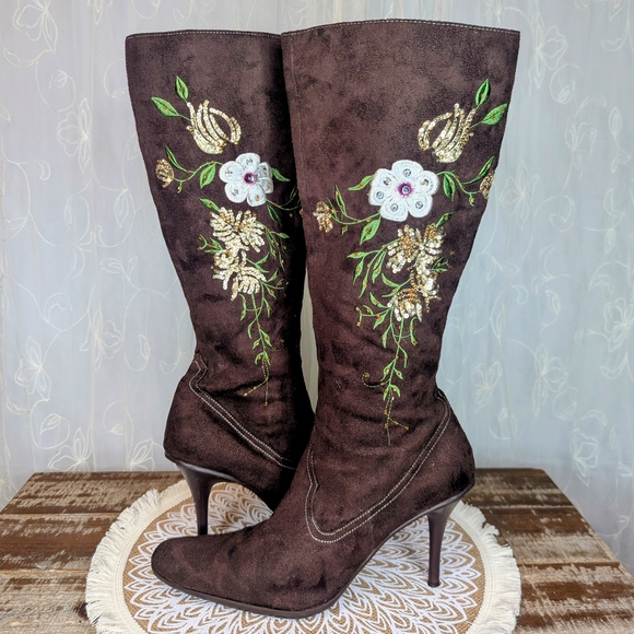 Splash Shoes - "Splash" Brown Embellished & Embroidered Floral Heeled Boots